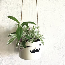 Load image into Gallery viewer, Nosy hanging flower pot, medium size, closed eyes, mustache