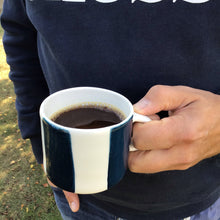 Load image into Gallery viewer, Alberta, teal blue striped cup with a handle, medium size