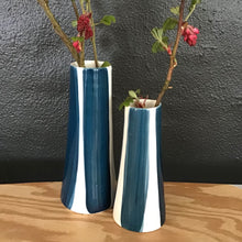 Load image into Gallery viewer, Conical striped vase, a pair, teal blue