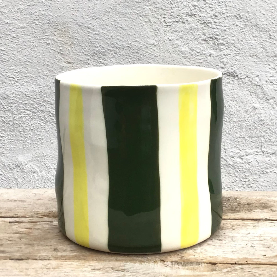 Double striped flower pot, large size, yellow and dark green