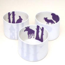 Load image into Gallery viewer, 3 Little Tilley tealights, moose, wolf and rabbit, purple
