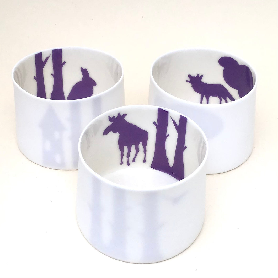 3 Little Tilley tealights, moose, wolf and rabbit, purple