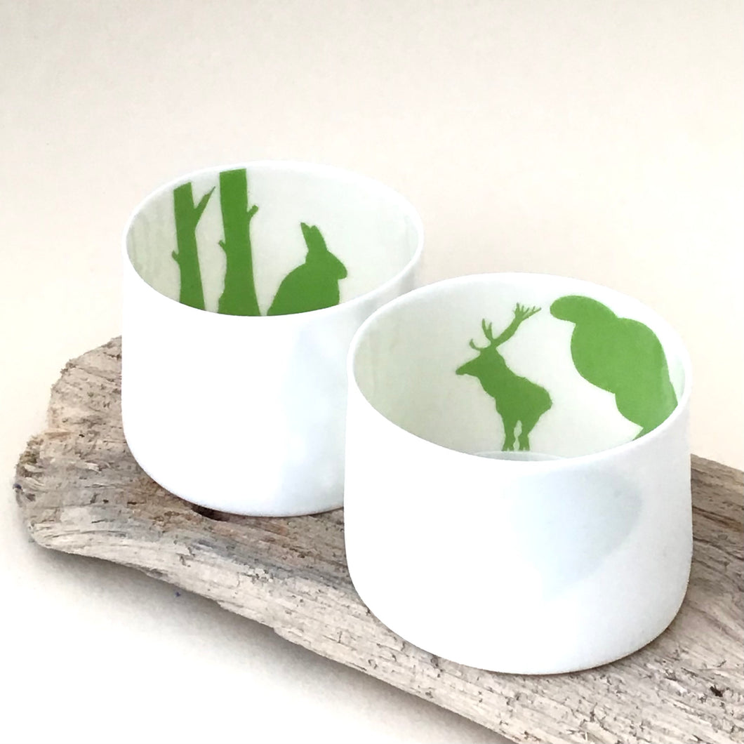2 Little Tilley tealights green stag and rabbit with house