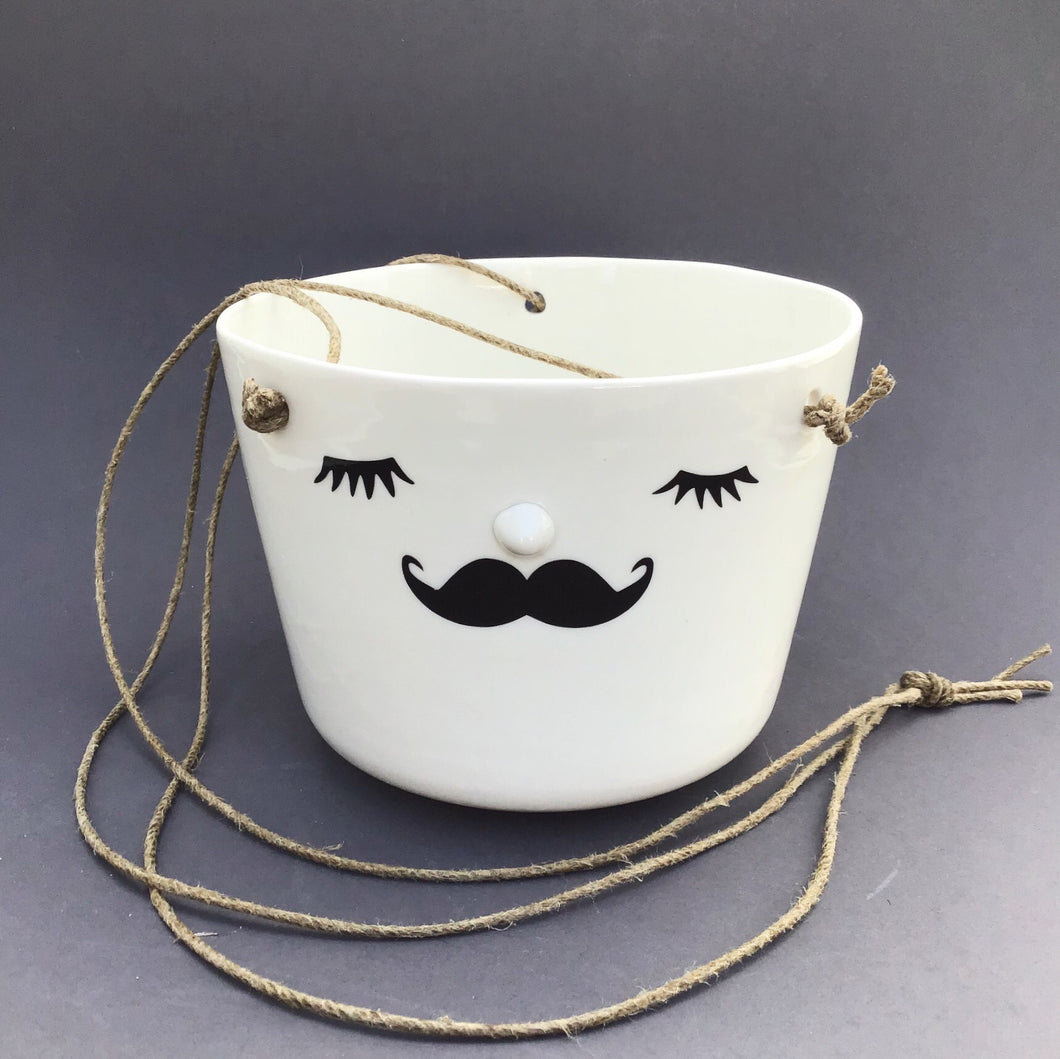 Nosy hanging flower pot, large size, closed eyes, mustache