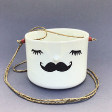 Load image into Gallery viewer, Nosy hanging flower pot, medium size, closed eyes, mustache
