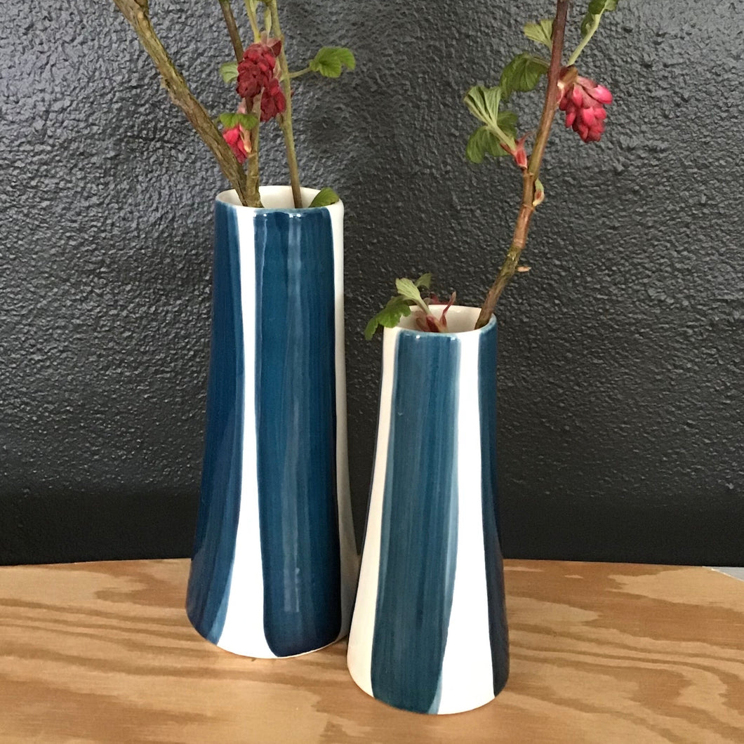 Conical striped vase, a pair, teal blue