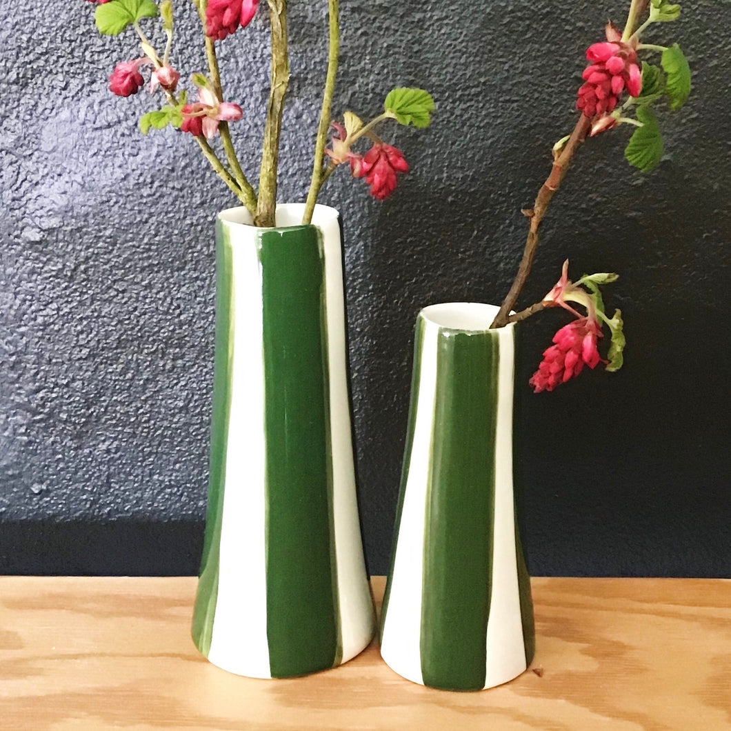 Conical striped vase, a pair, pine green