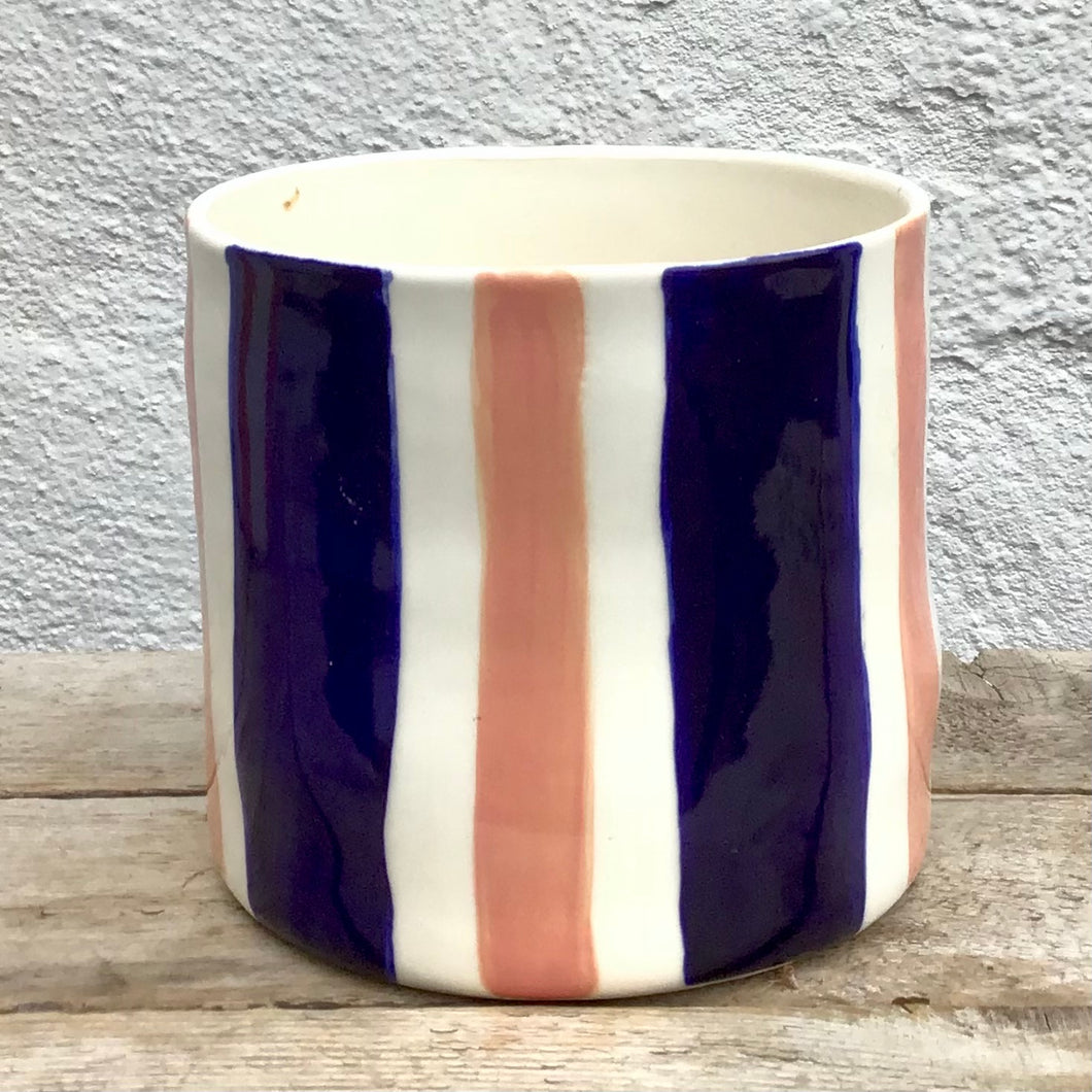 Double striped flower pot, large size, dark blue and salmon