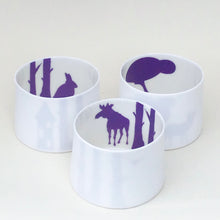 Load image into Gallery viewer, 3 Little Tilley tealights, moose, wolf and rabbit, purple
