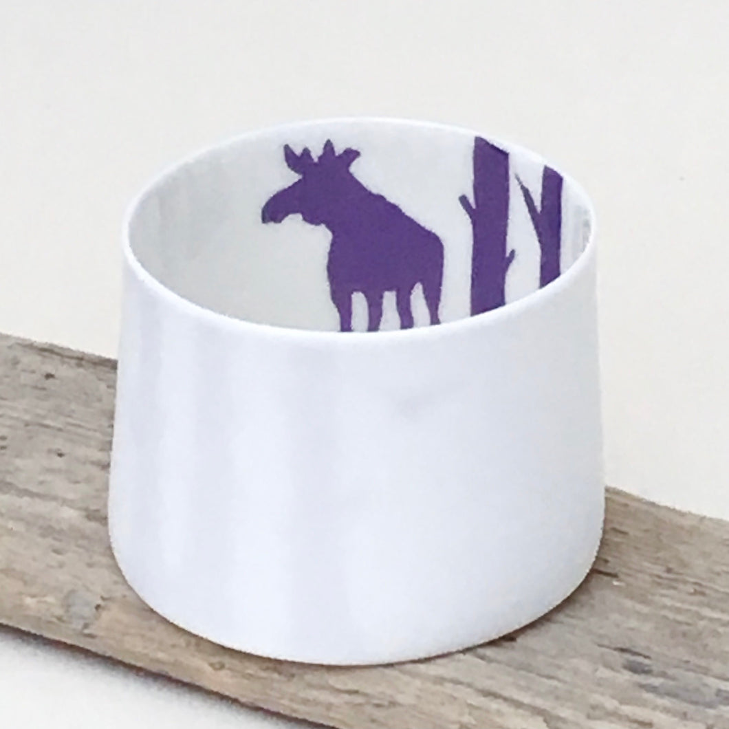 Little Tilley tealight, moose and trees, purple