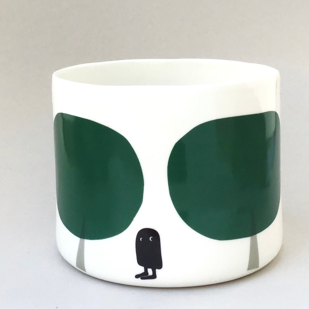 Flower pot, large size, bold green trees and owl